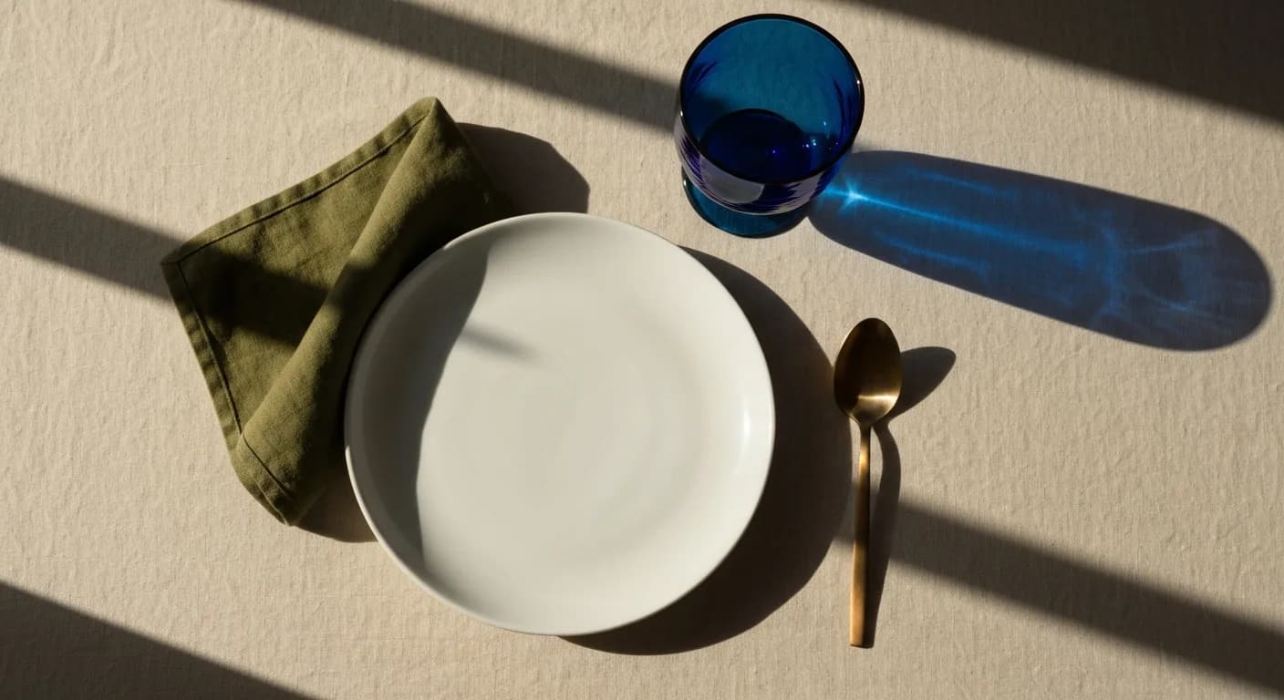 Table dressée — porcelaine, verre cobalt, laiton brossé