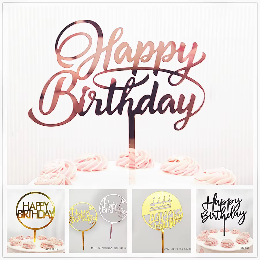 Acrylique Gâteau D'anniversaire Topper Or Rose Joyeux Anniversaire Dessert Gâteau Décoration Pour Ba