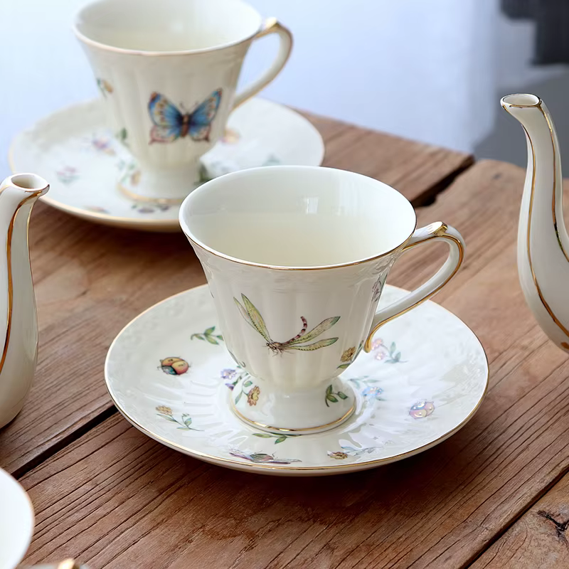 Tasse à café et soucoupe papillon de jardin doré Vintage, théière en céramique, ensemble de tasses à