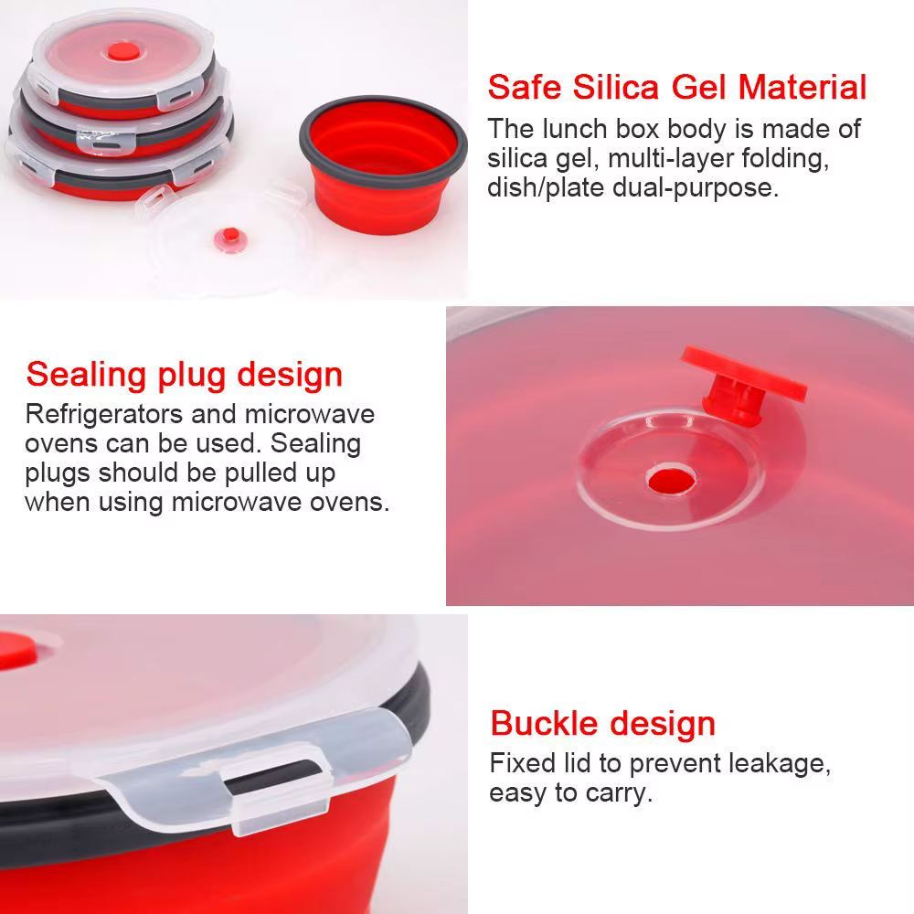 Boîte à déjeuner pliante ronde en Silicone, bol pliant pour micro-ondes, récipient alimentaire pliab