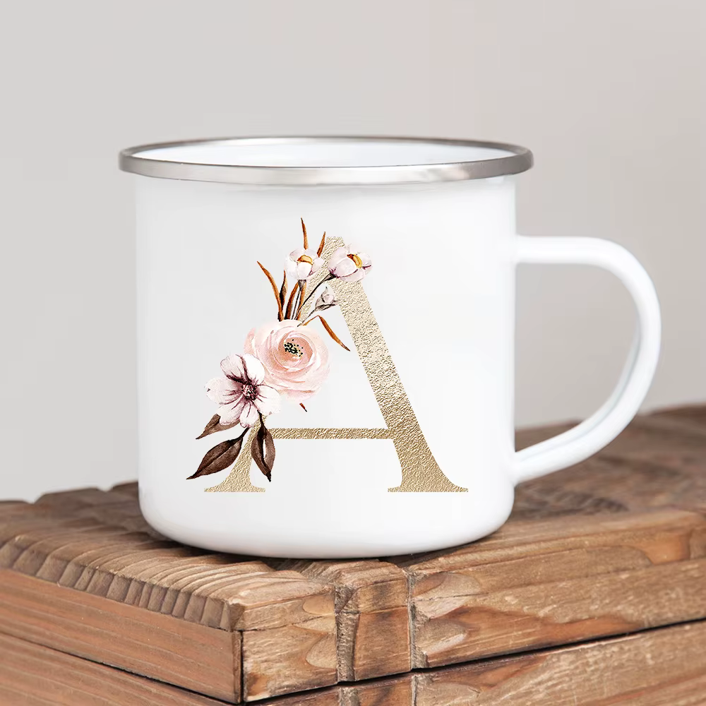 Tasses en émail vintage avec poignée, alphabet doré, fleurs, café à boire, bière, lait, thé, camping