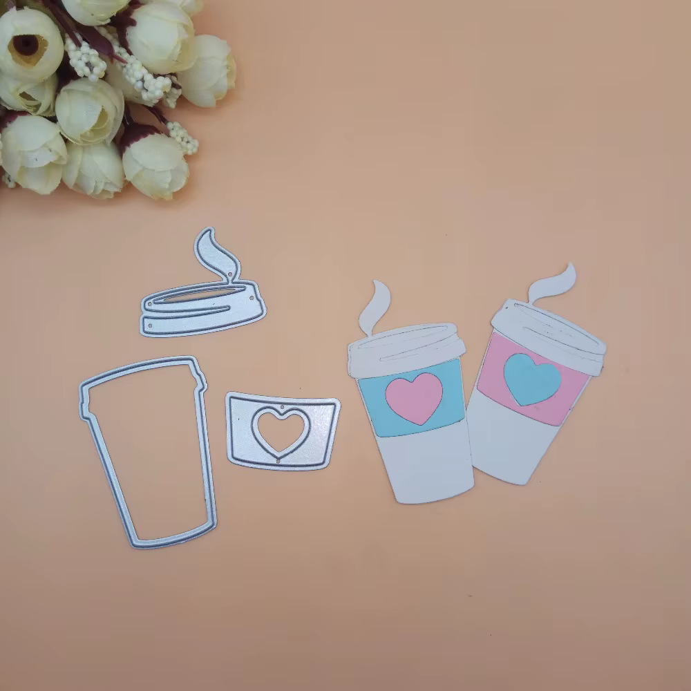 Tasse à café avec coeur, matrices de découpe en métal, bricolage, galets découpés, pochoirs décorati