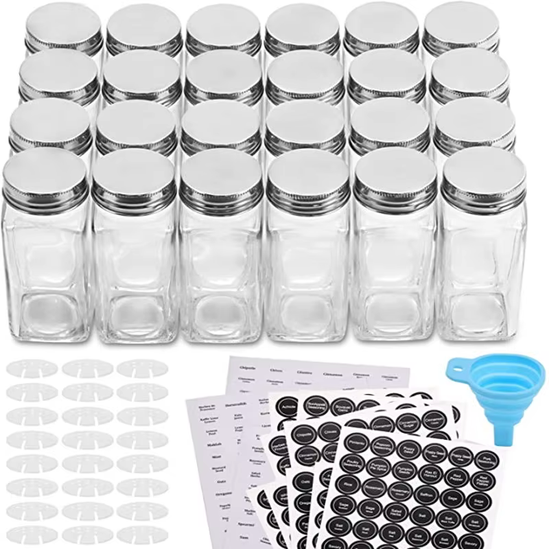 Bouteilles d'épices en verre avec 20 étiquettes à épices, bouchons shaker et bouchons métalliques sc