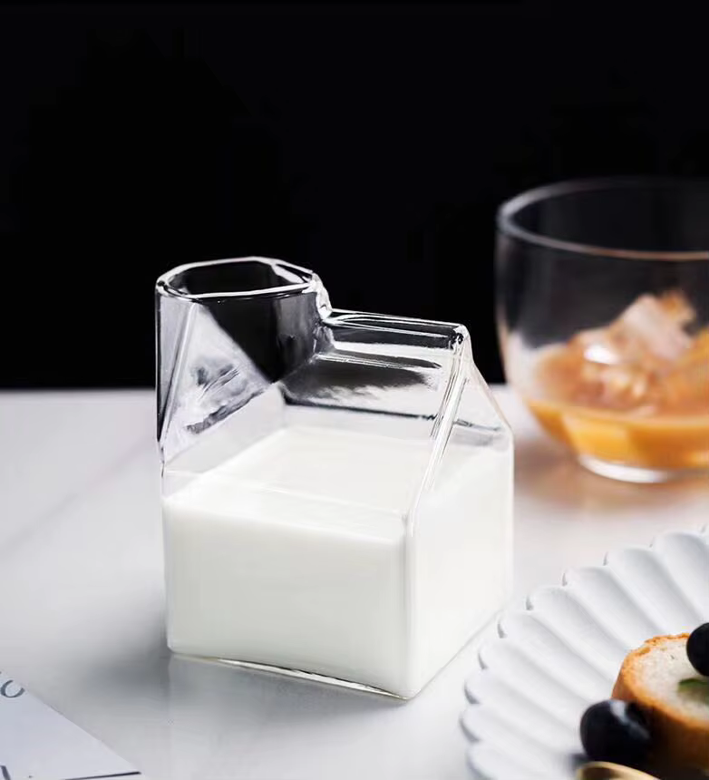 Verre de lait carré de 12oz 350ml, carton de lait, tasse de lait en verre, récipient à crème, sans p