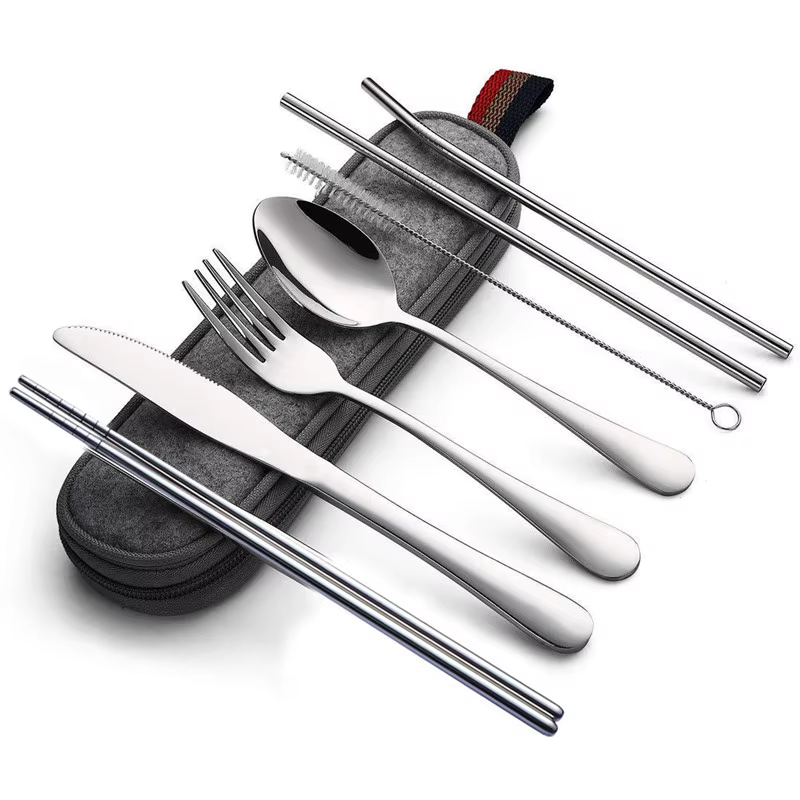 Ensemble de couverts de voyage réutilisables, vaisselle, ensemble d'ustensiles de camping avec cuill