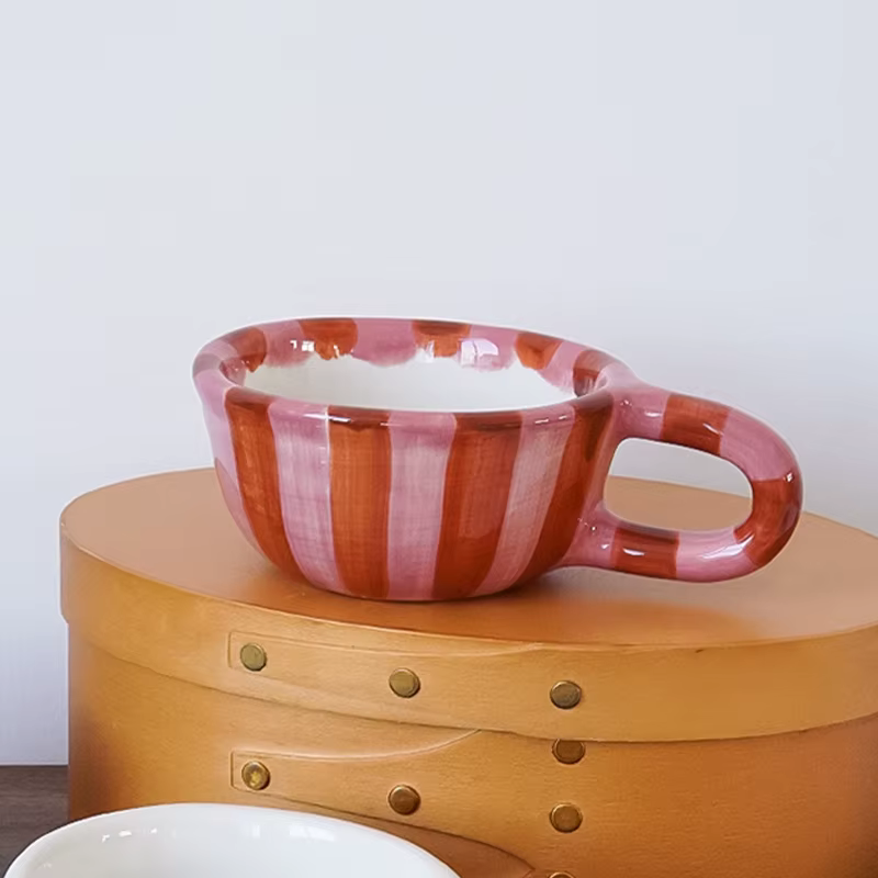 1 tasse en céramique rayée rose, tasse à café en céramique rayée, exquise et belle, adaptée à un usa