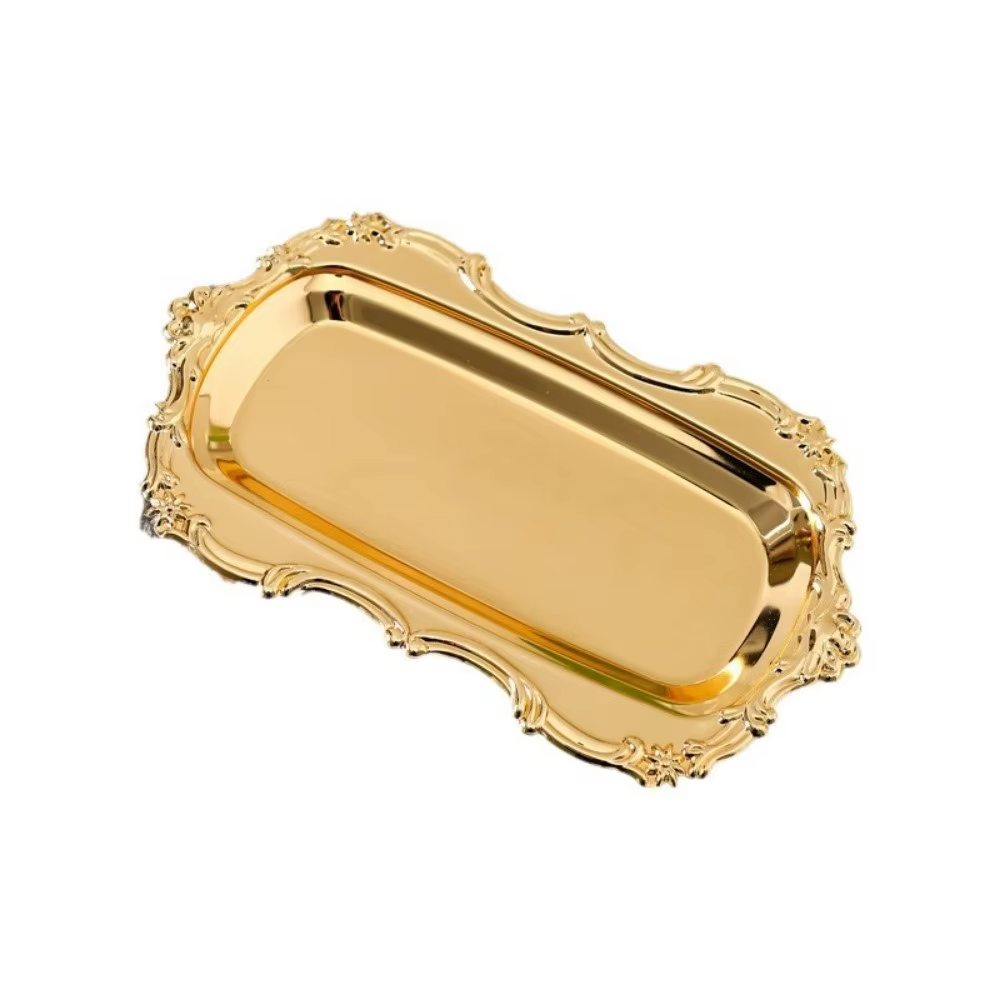 Plateau de service rétro en acier inoxydable style européen vintage, motif gaufré or/argent, pour de