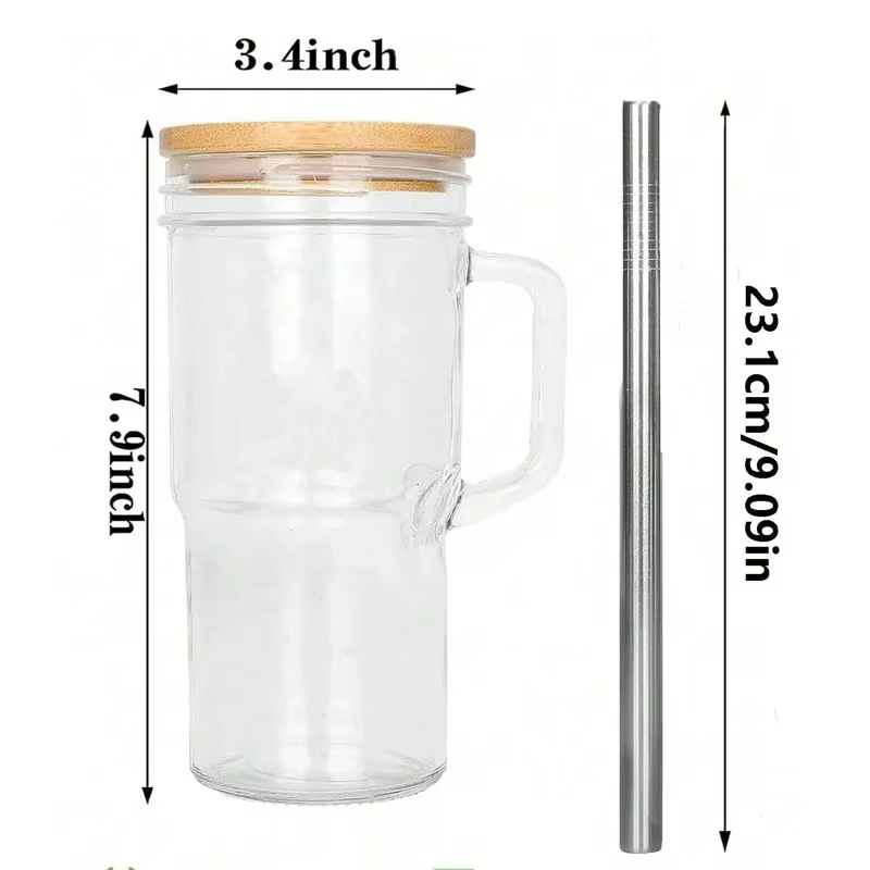Tasse en verre de 750ML, couvercle en bois, thé à bulles, café, vin, jus, lait, paille transparente,