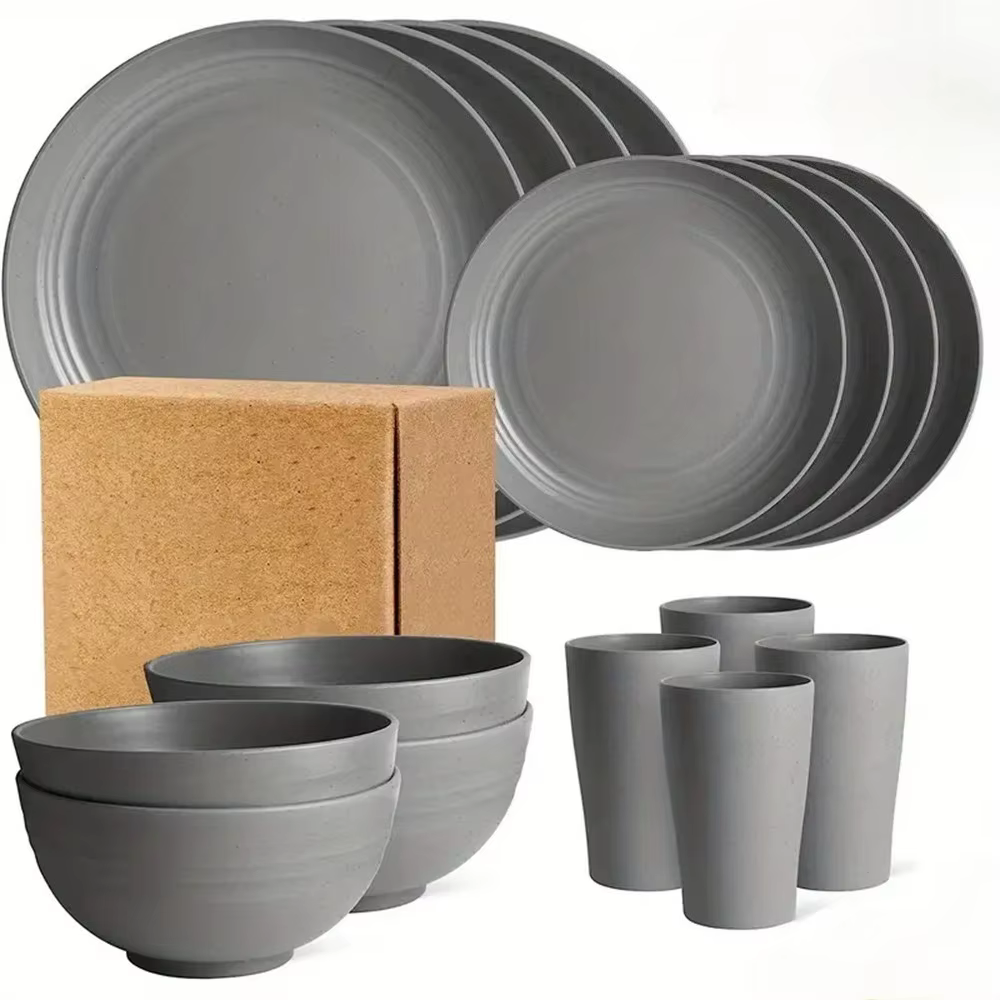 Nouvel ensemble de 16 bols, tasses et assiettes, ensemble de vaisselle noir pur, assiettes à dîner e