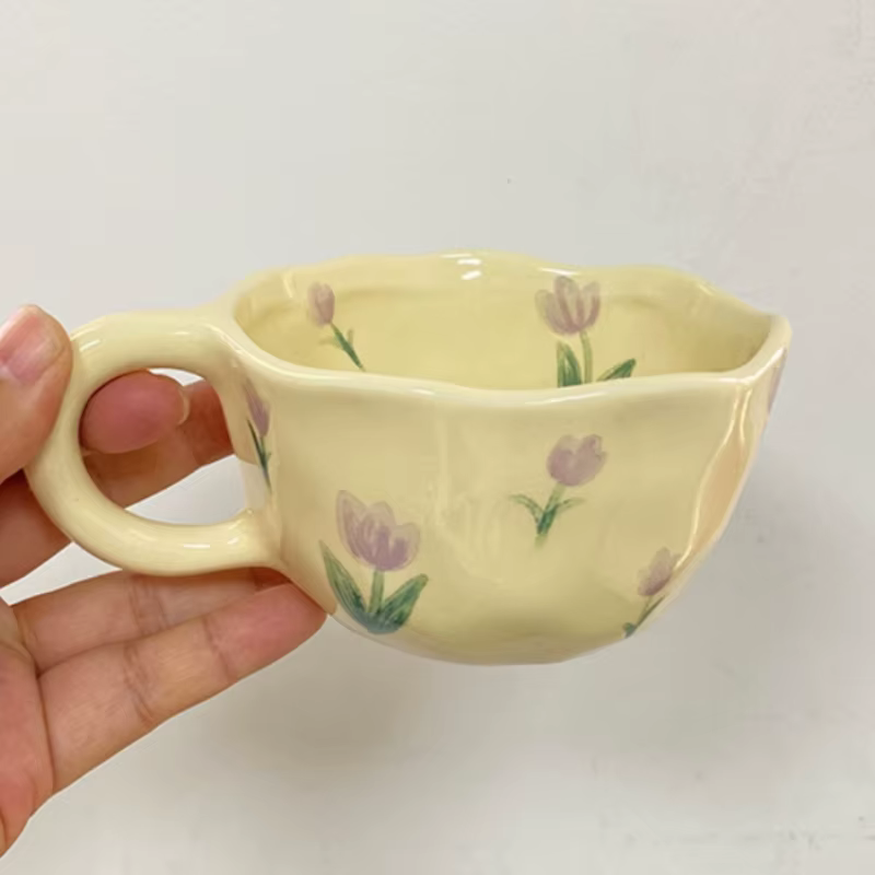 Tasses en céramique fleur irrégulière, café, lait, jaune, pincées à la main, style coréen, mignon, p