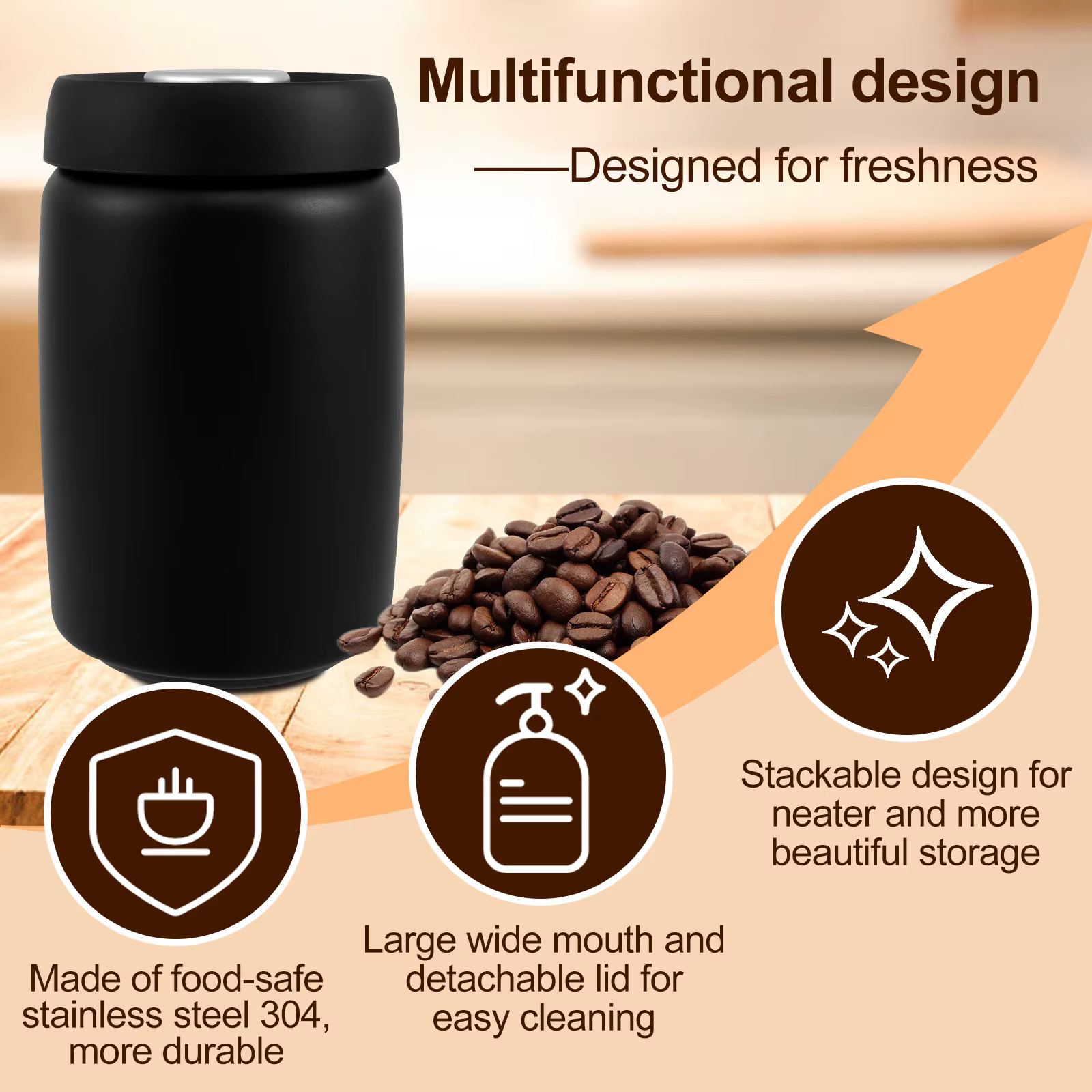 Pichet scellé sous vide en grains de café, en acier inoxydable 304, récipient de stockage des alimen