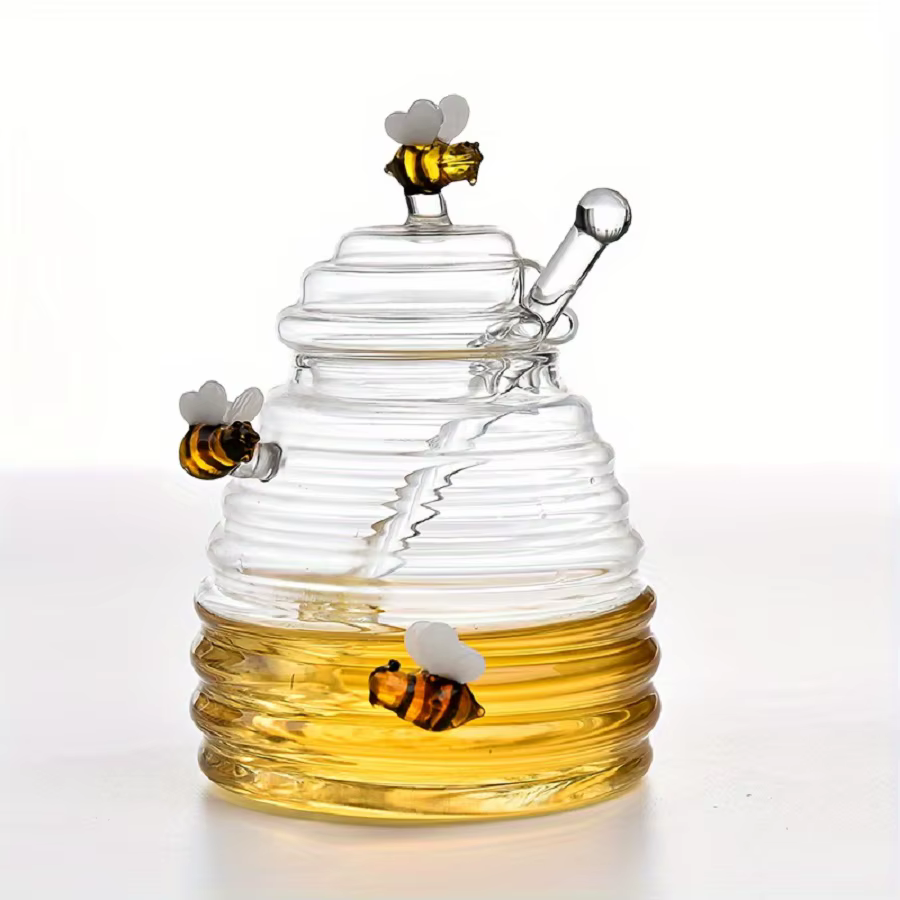 Pot à miel en verre avec cuillère et couvercle, pot à miel décoratif avec abeille mignonne, récipien