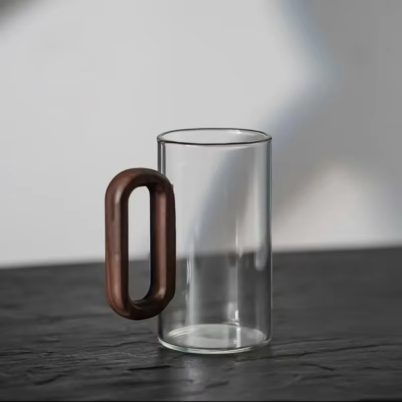 Tasses à thé en verre borosilicate haute résistance à couche unique avec poignée en bois gris fumé, 
