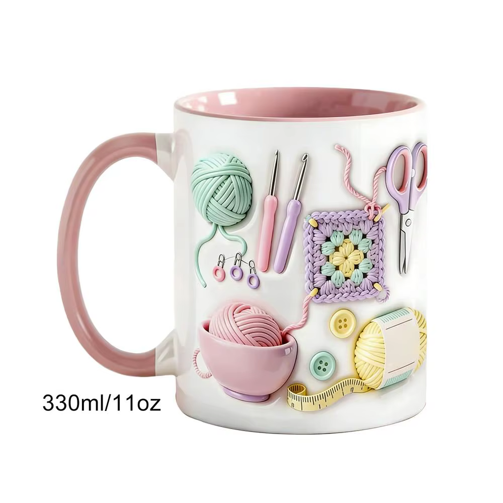 Tasse à café en céramique fantaisie 330 ml, motif crochet, pour la décoration de bureau, pour femmes