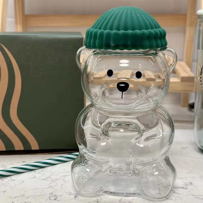 Nouvelle tasse en verre en forme d'ours avec paille et couvercle, 20 oz, verre borosilicate de haute