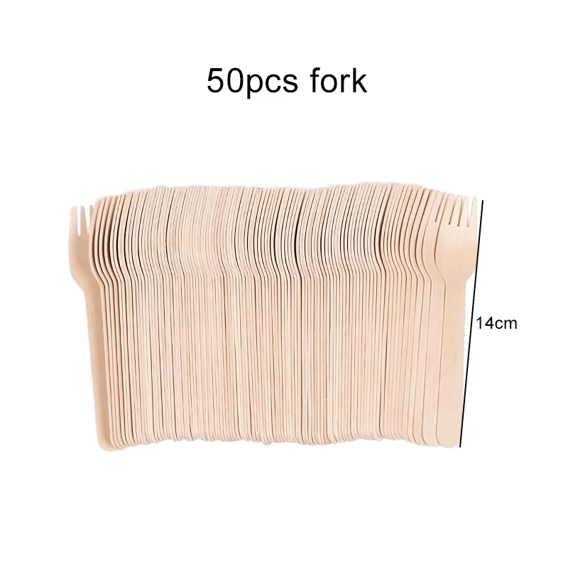 Lot de 50 couverts en bois jetables (baguettes, cuillères, fourchettes) pour la maison, les fêtes, l