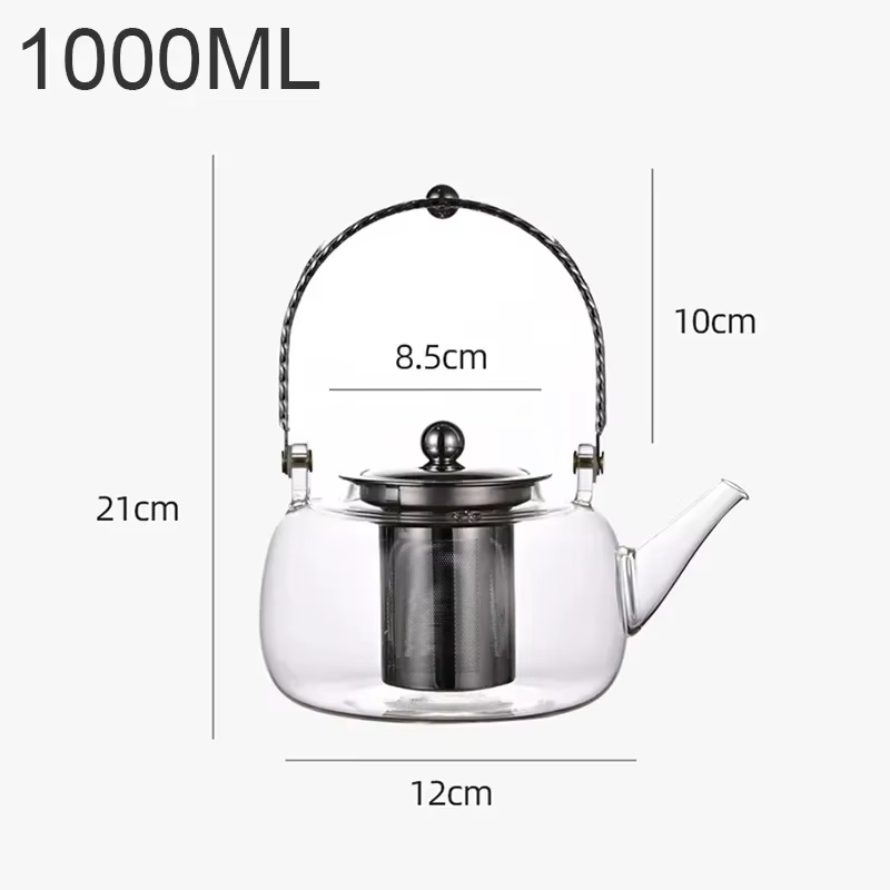 Théière en verre gris de 1,2 L avec infuseur, résistante à la chaleur, bouilloire à thé transparente