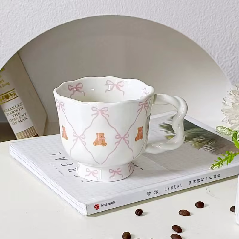 Tasse à café en céramique avec nœud rose, ours mignon, tasse d'eau Kawaii, tasse de lait pour petit 