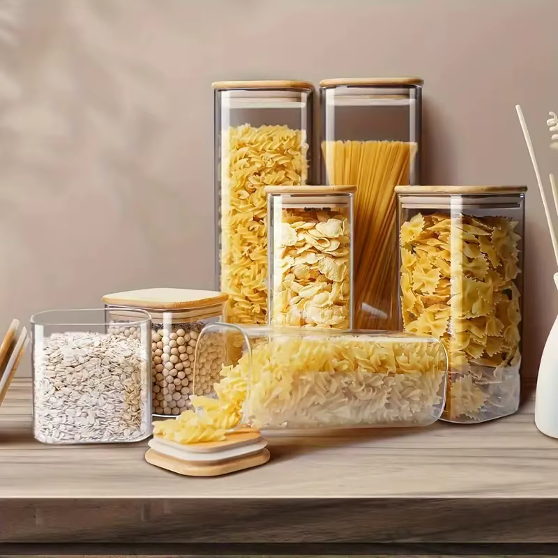 Pot de stockage des aliments en verre avec couvercle en bambou, pot de stockage de cuisine transpare