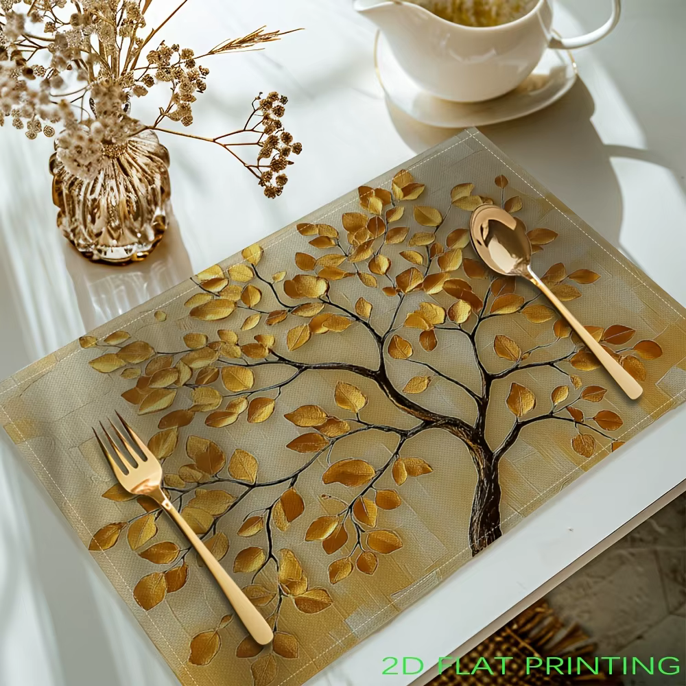 Napperons imprimés d'arbre de feuilles dorées d'impression plate 2D, napperons lavables pour la déco