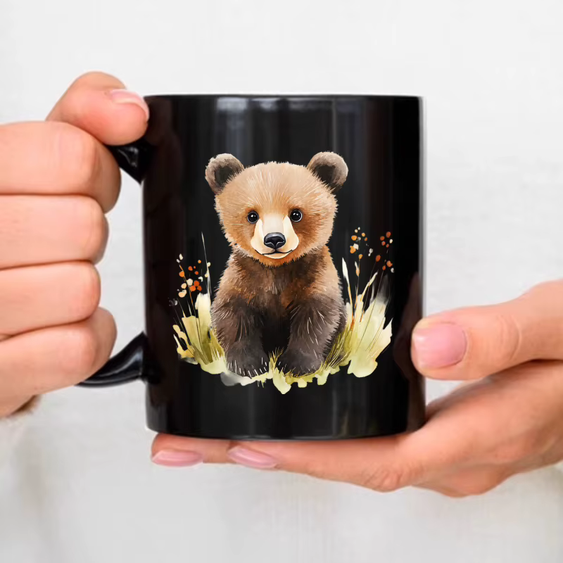 Tasse en céramique avec ours noir, motif fleur et herbe pour café, thé ou boissons chaudes