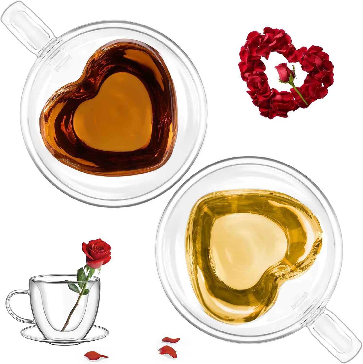 1 pièces 80-250ml Couple tasses coeur amour en forme de tasse en verre Double verre tasse à café tas