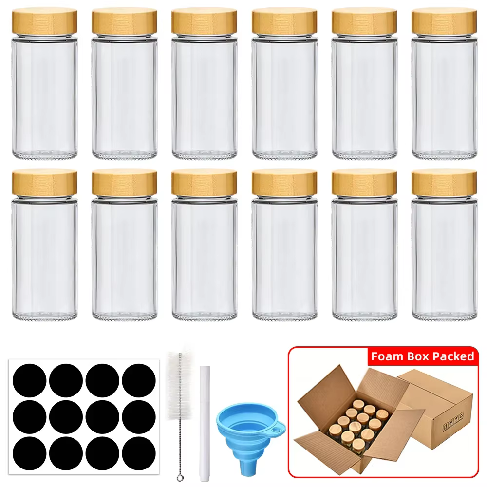 Pots à épices en verre avec légumes en bambou, avec autocollants minimalistes, entonnoir pliable, en