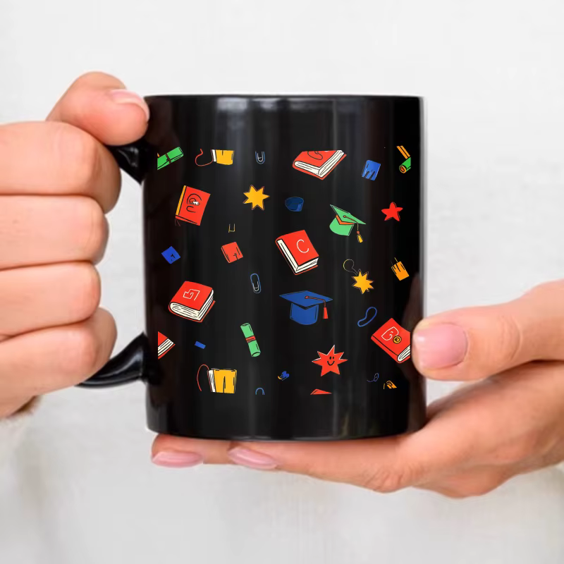 Tasse en céramique noire, icône éducative et motif de livre, adaptée à l'école et au bureau