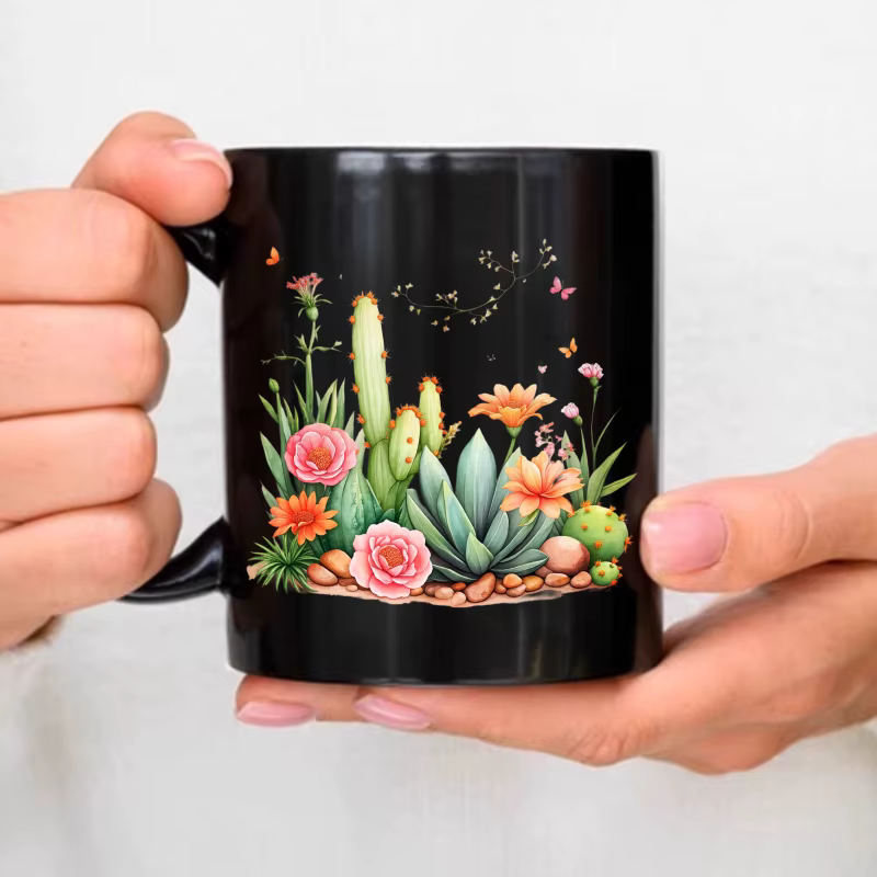 Tasse en céramique Cactus noir et fleurs, Design de jardin, café, thé, petit déjeuner, bureau, maiso
