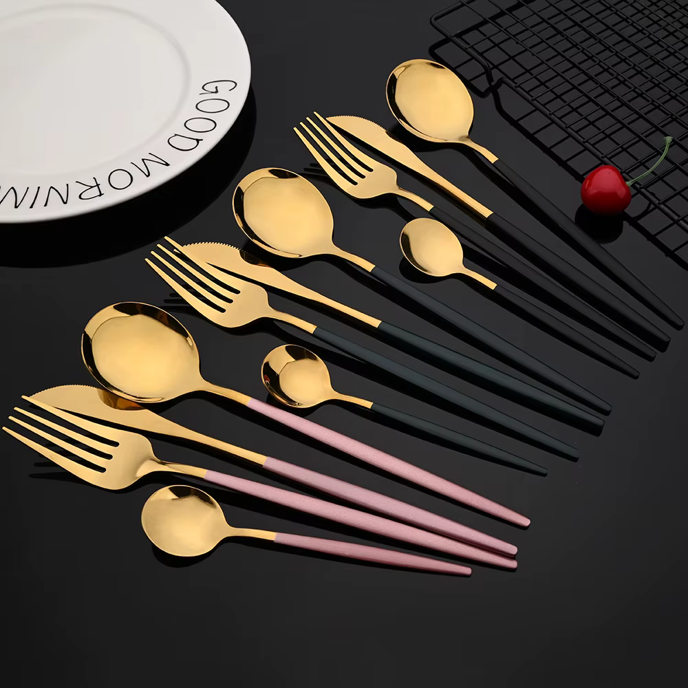 30 pièces/ensemble dîner en acier inoxydable noir or ensemble de vaisselle couteau fourchette à frui