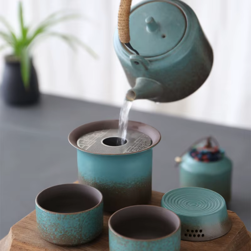 Changement de four vintage printemps vert poterie rugueuse un pot 4 tasses caddie à thé simple petit