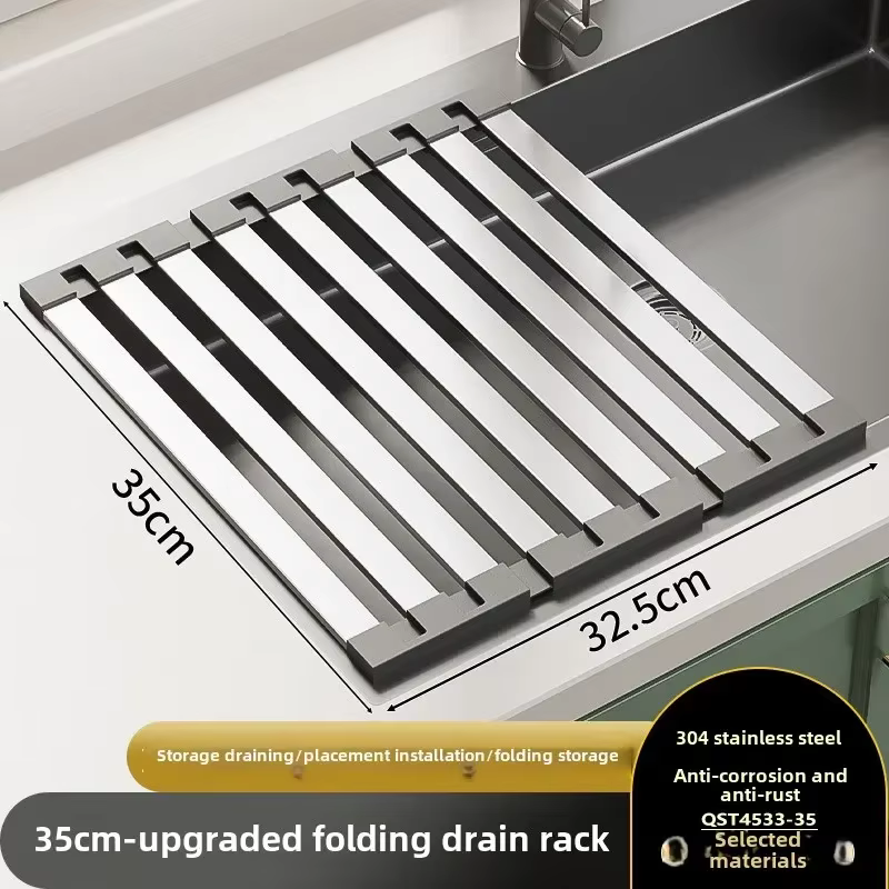 Égouttoir à vaisselle pliable et extensible en acier inoxydable 304 pour évier de cuisine, avec drai