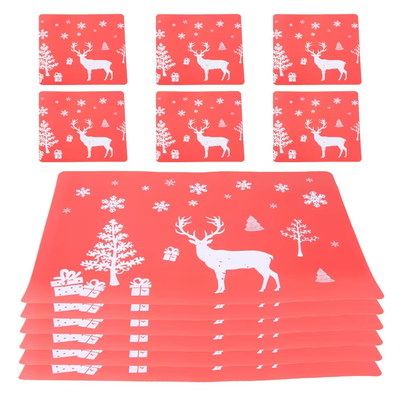 A19F-toile de noël lavable, ensemble de 6 napperons et 6 tasses, élan, arbre de noël, imprimé flocon