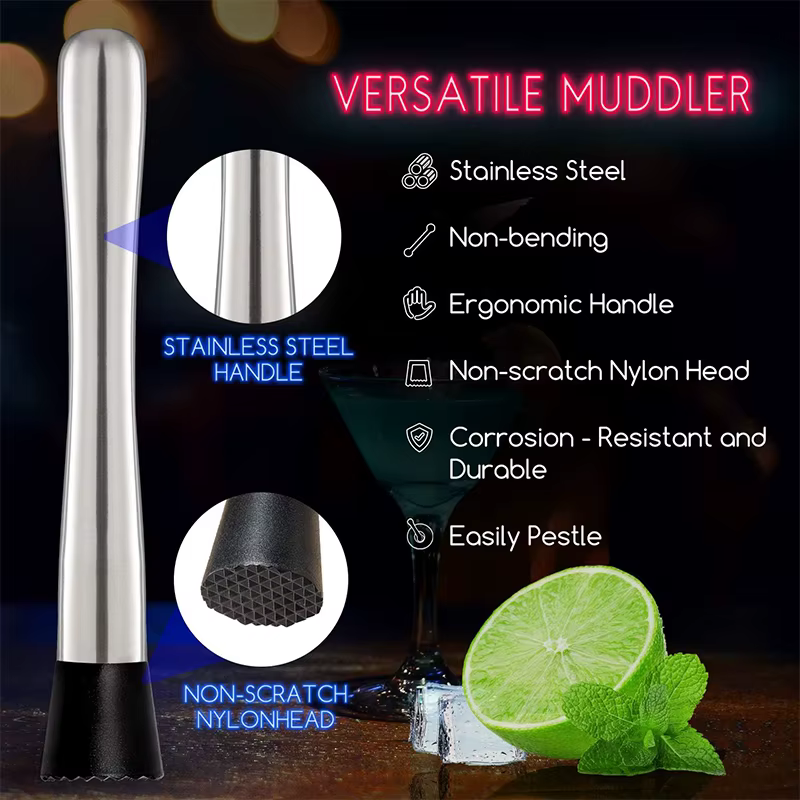 LMETJMA 10 pouces acier inoxydable Cocktail Muddler et cuillère à mélanger professionnel Bar Cocktai