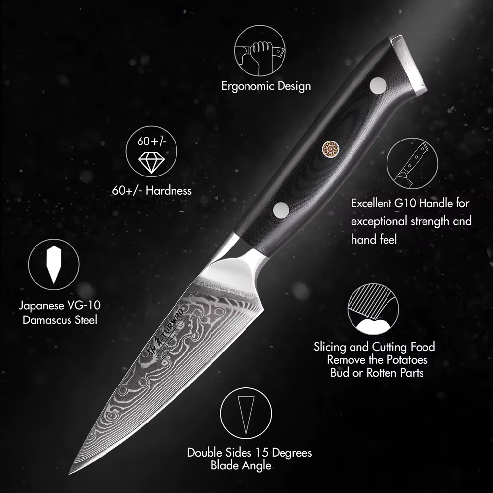 TURWHO 3.5 "couteau d'office professionnel en acier damas couteau de cuisine coupe de Chef épluchage