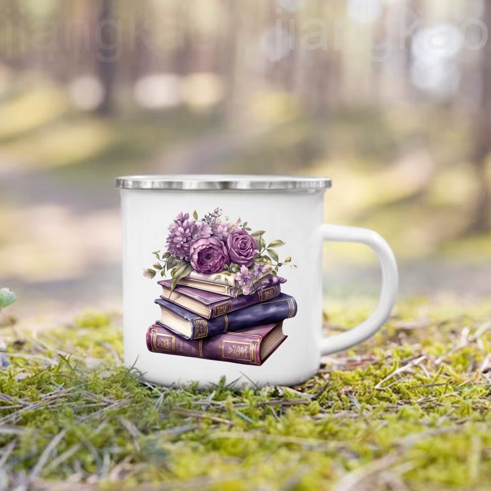 Tasses en émail imprimées de livre de fleurs, tasse à café de boisson Harajuku, tasse d'eau de voyag
