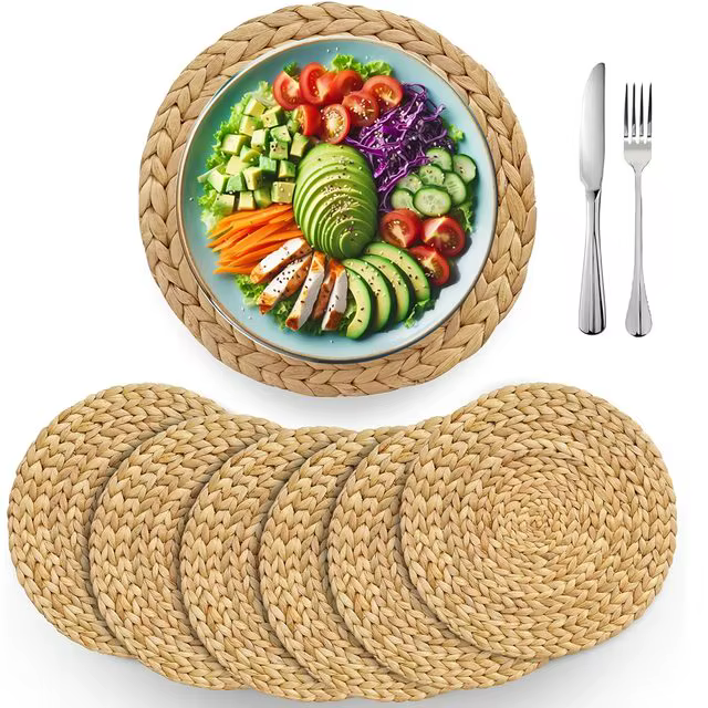 Napperons en rotin tissés à la main de 6 pièces – tapis de table ronds tissés, adaptés aux salles à 