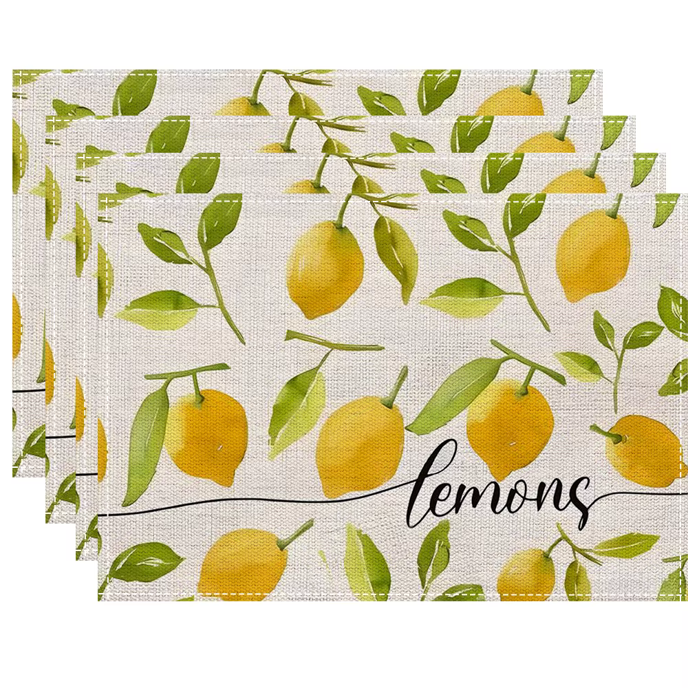 4/6/8PC Sets de table en lin lavables à motif citron, style campagnard, pour la décoration de table 
