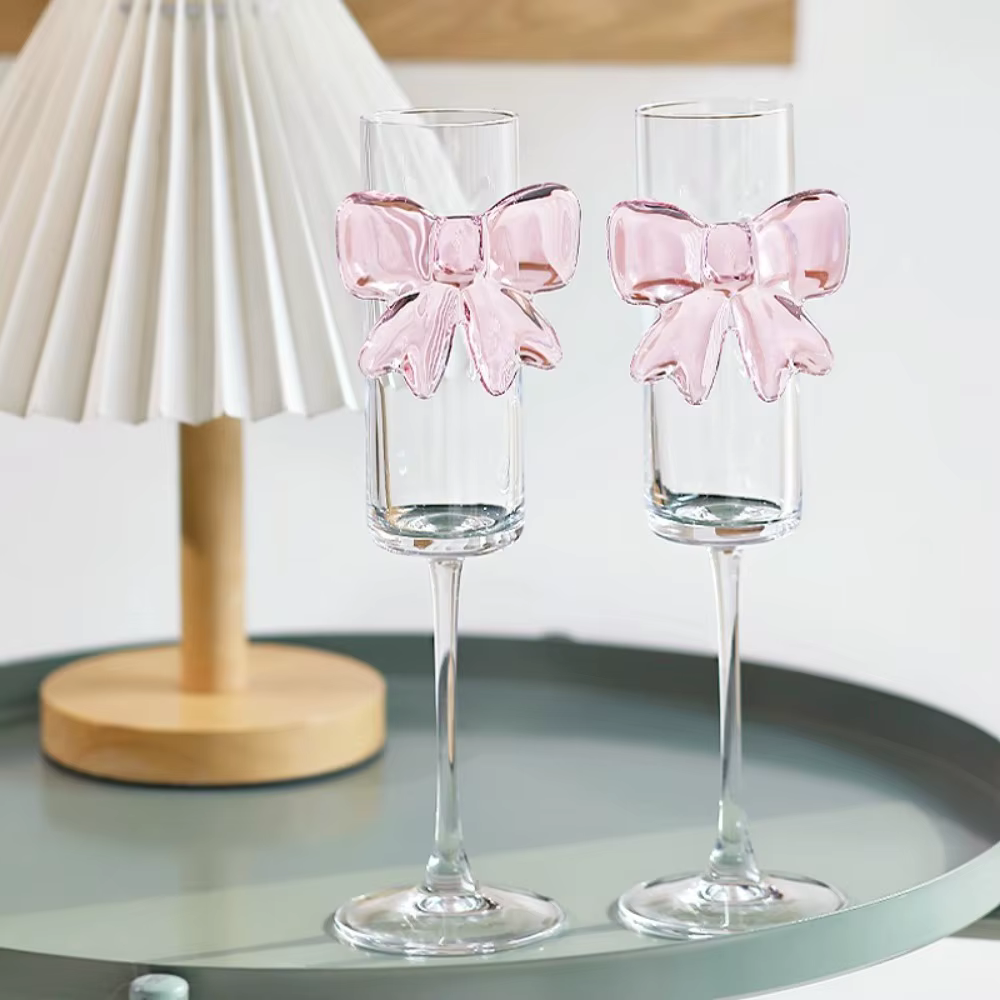 Verre à Champagne avec nœud rose clair, 2 pièces, nœud 3D, flûtes à Champagne de 160ML, verres à boi