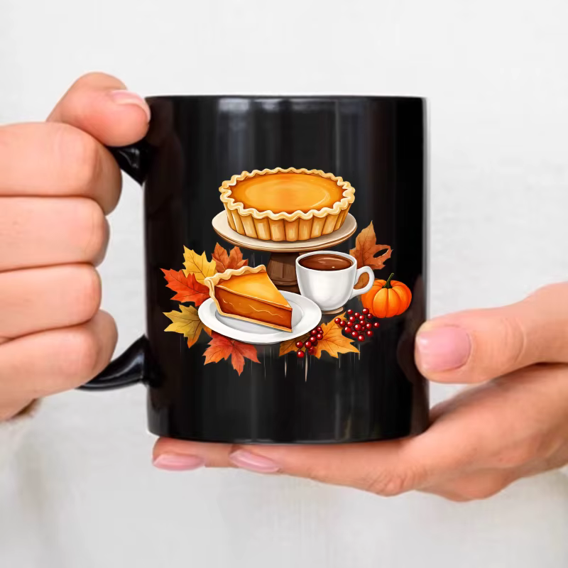 Tasse à café en céramique, noire, tarte d'automne avec motif de café, adaptée à l'automne