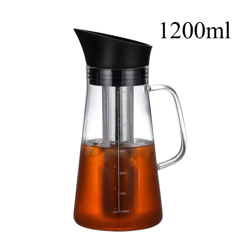 Cafetière à froid en verre de 1,2/1,5 l, avec filtre, bouilloire à thé glacé de qualité, couvercle h