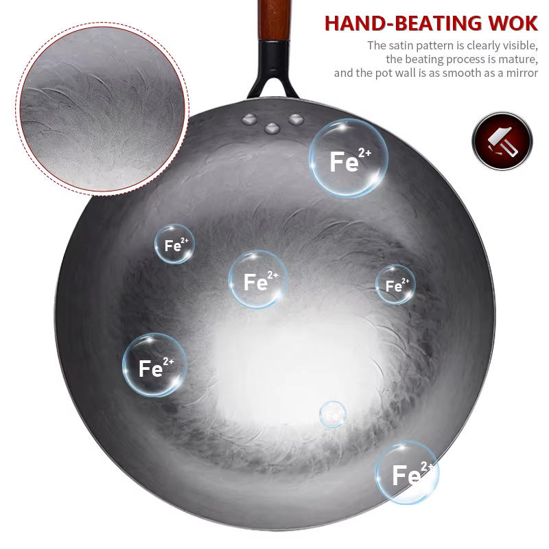 Wok traditionnel en fer, Woks sans revêtement forgé à la main pour poêle de cuisine manche en bois W