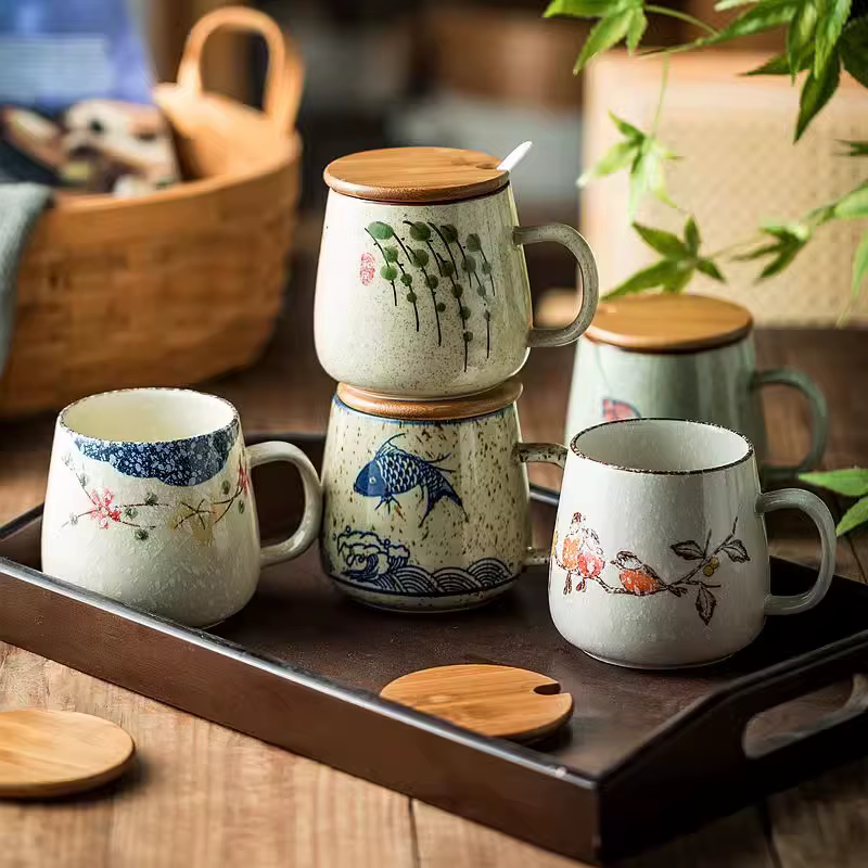 YWDL – tasse à café japonaise en céramique de 350ml, avec couvercle et cuillère, tasses à lait pour 