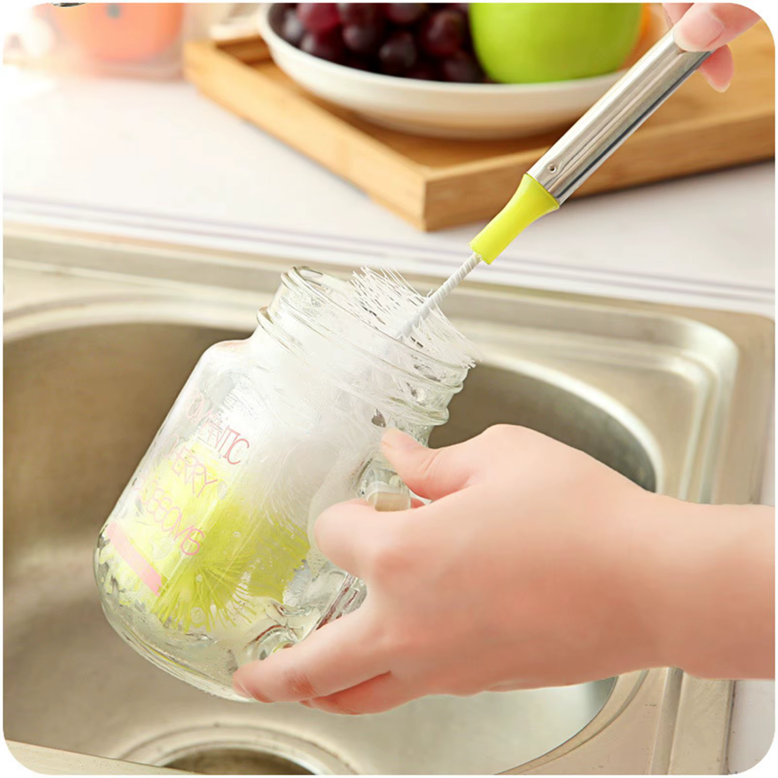 Brosse de nettoyage de bouteilles à tête ronde incurvée, poignée en acier inoxydable, tasse de netto