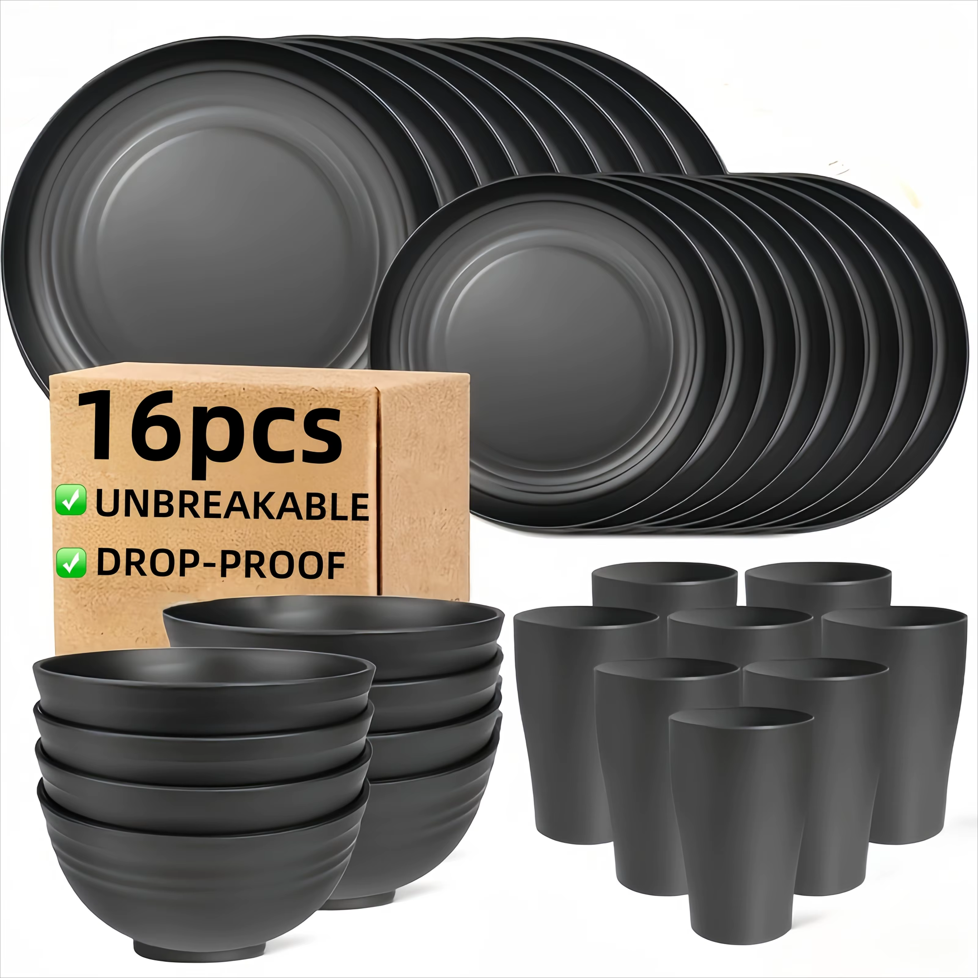 Service de vaisselle en plastique incassable de 16 pièces |   Assiettes lavables au micro-ondes et a