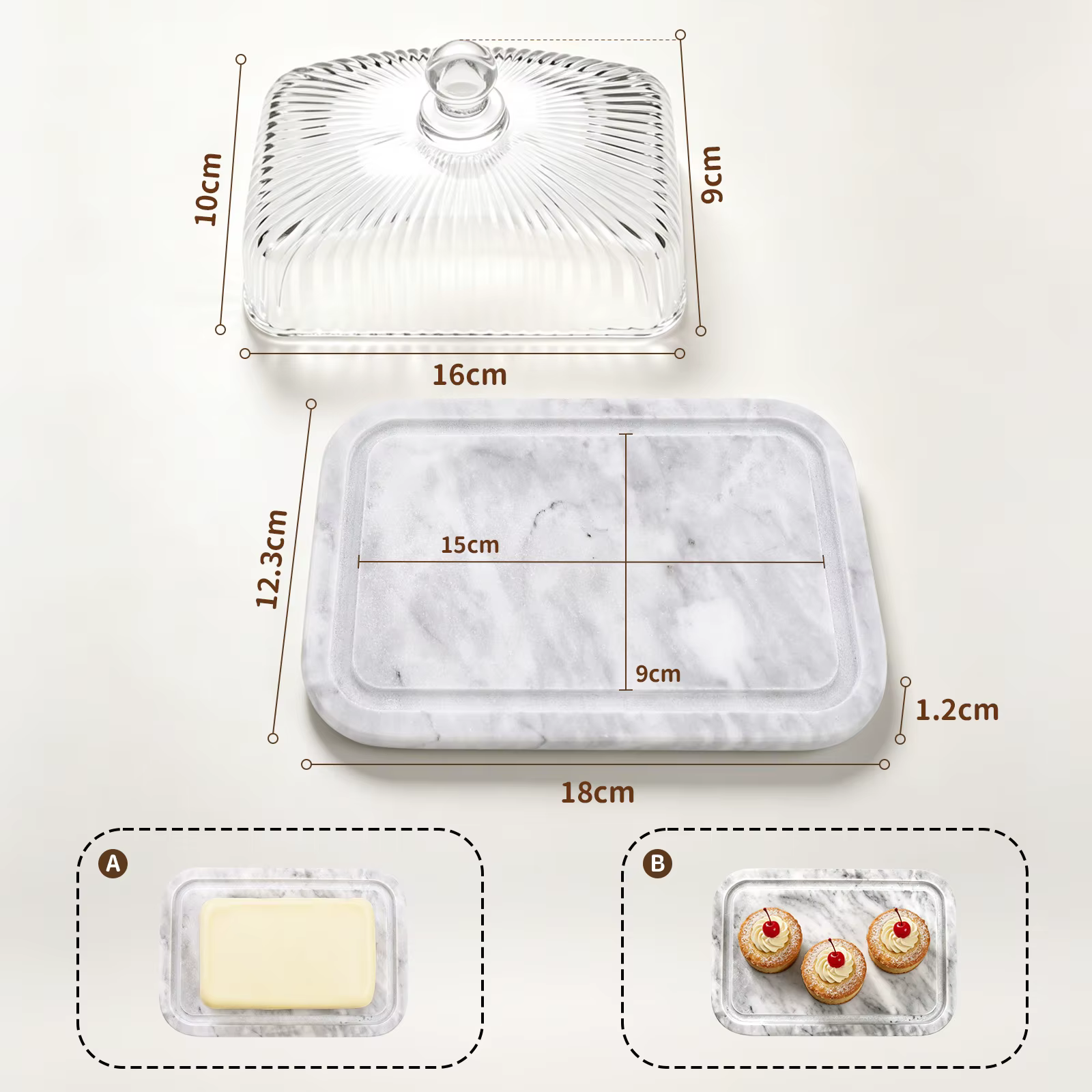 Plateau de service en verre avec base en marbre et couvercle, pour beurre, fromage, pain, gâteaux, f