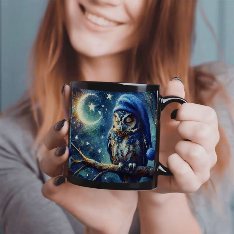 Mug en céramique à changement de couleur magique, motif Hibou endormi avec bonnet de nuit, lune et é