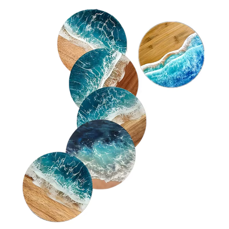 ♥ Ensemble de sous-verres océan vague et Grain de bois, sous-verres résistants à la chaleur pour tas