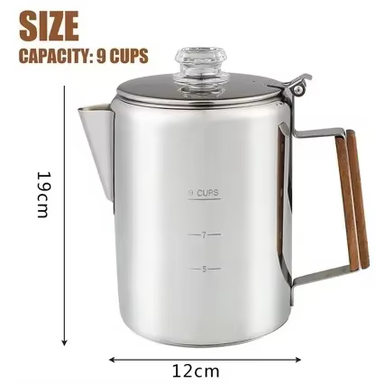 Percolateur à café en acier inoxydable, poignée confortable, poignée en bois, cafetière Portable de 