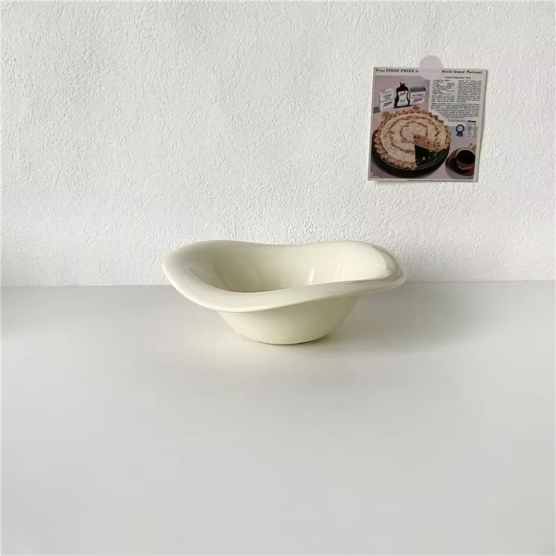 Bol à salade en céramique ondulé, créatif, irrégulier, couleur unie, crème, café, vaisselle, Design,